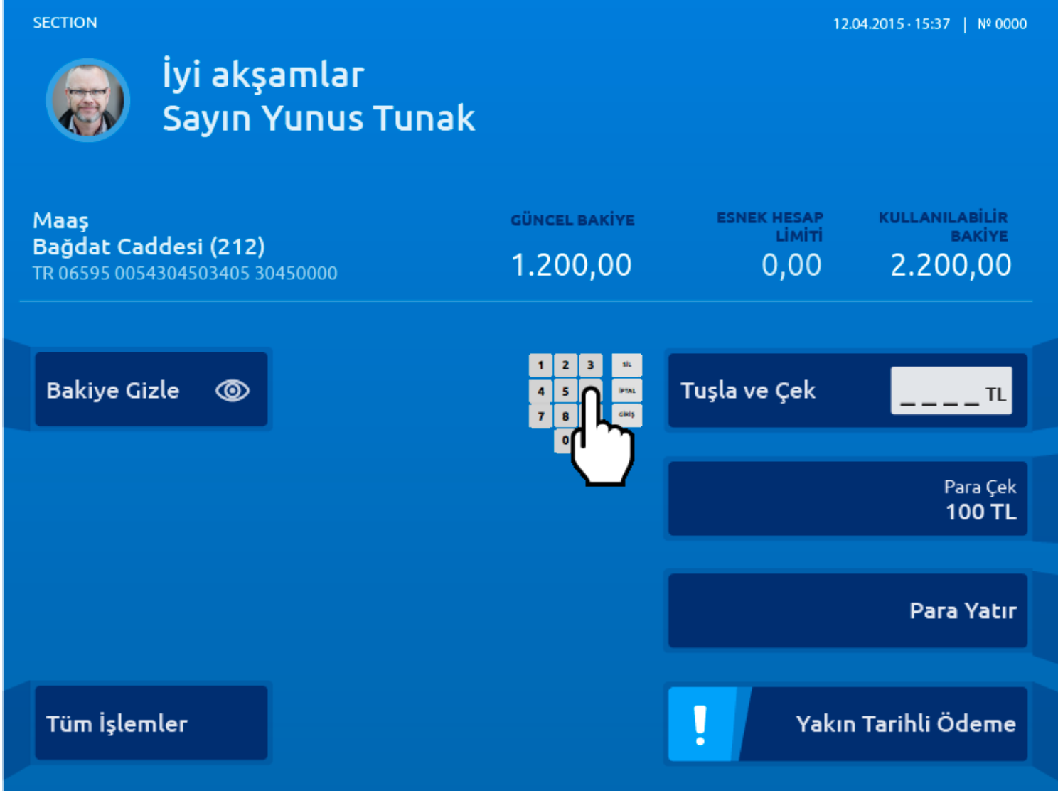 Yapı Kredi ATM quick menu screen showing the four-block structure and eight-button layout