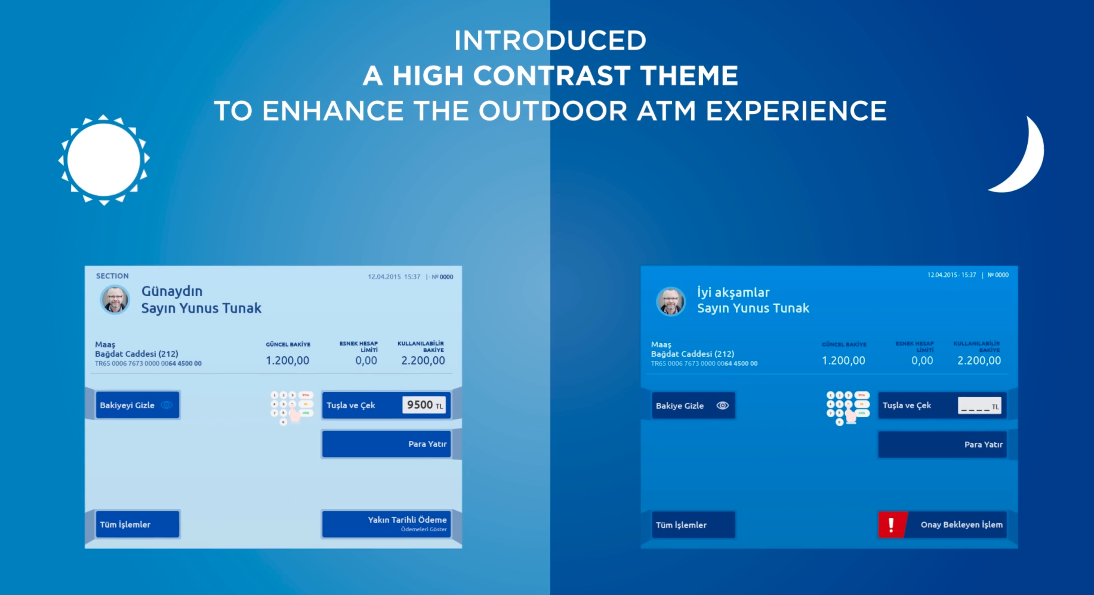Contextual ATM screen modes: daytime high-contrast and night-time dimmed inverted display