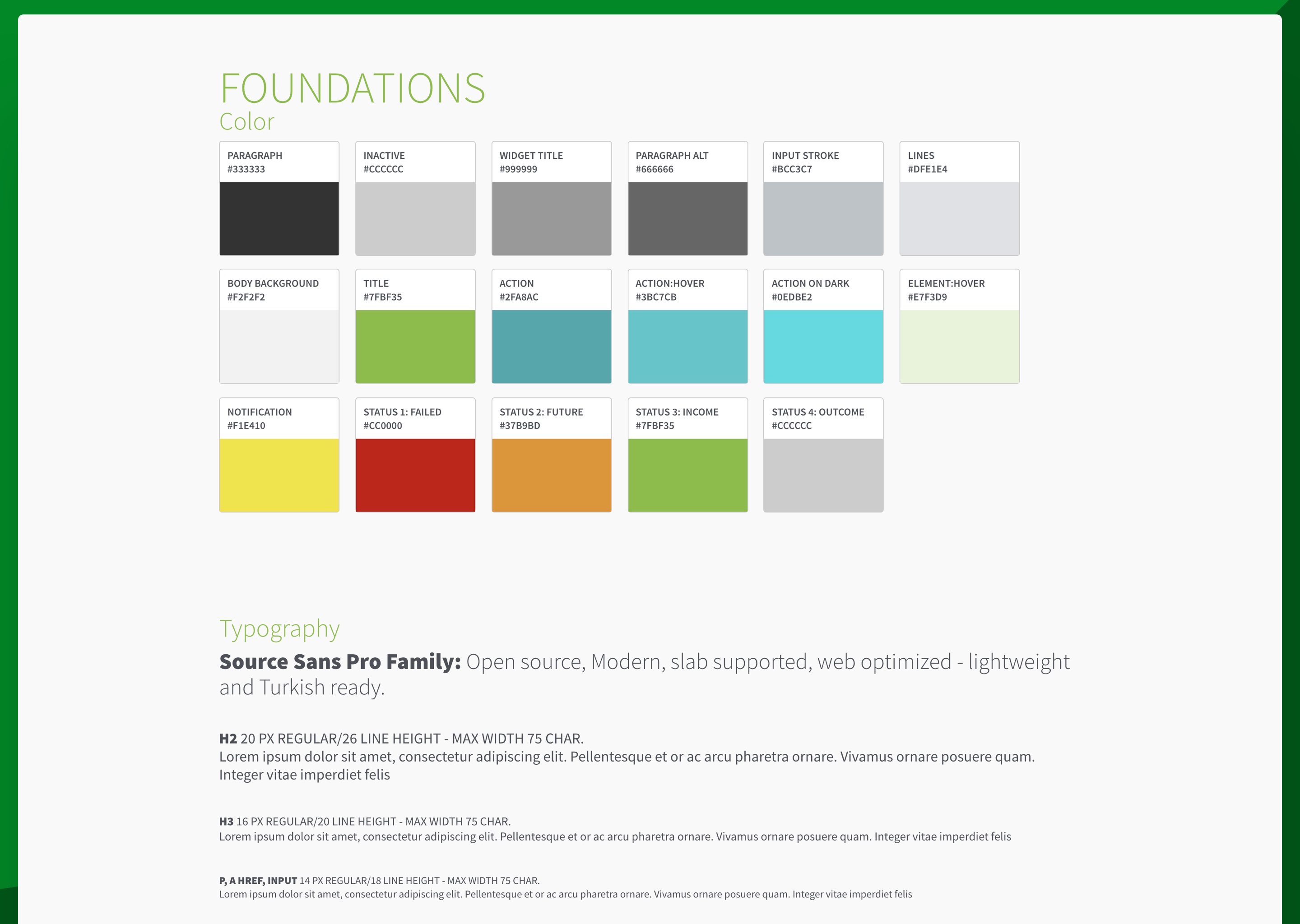 Foundations layer: colour roles, typography, and status semantics