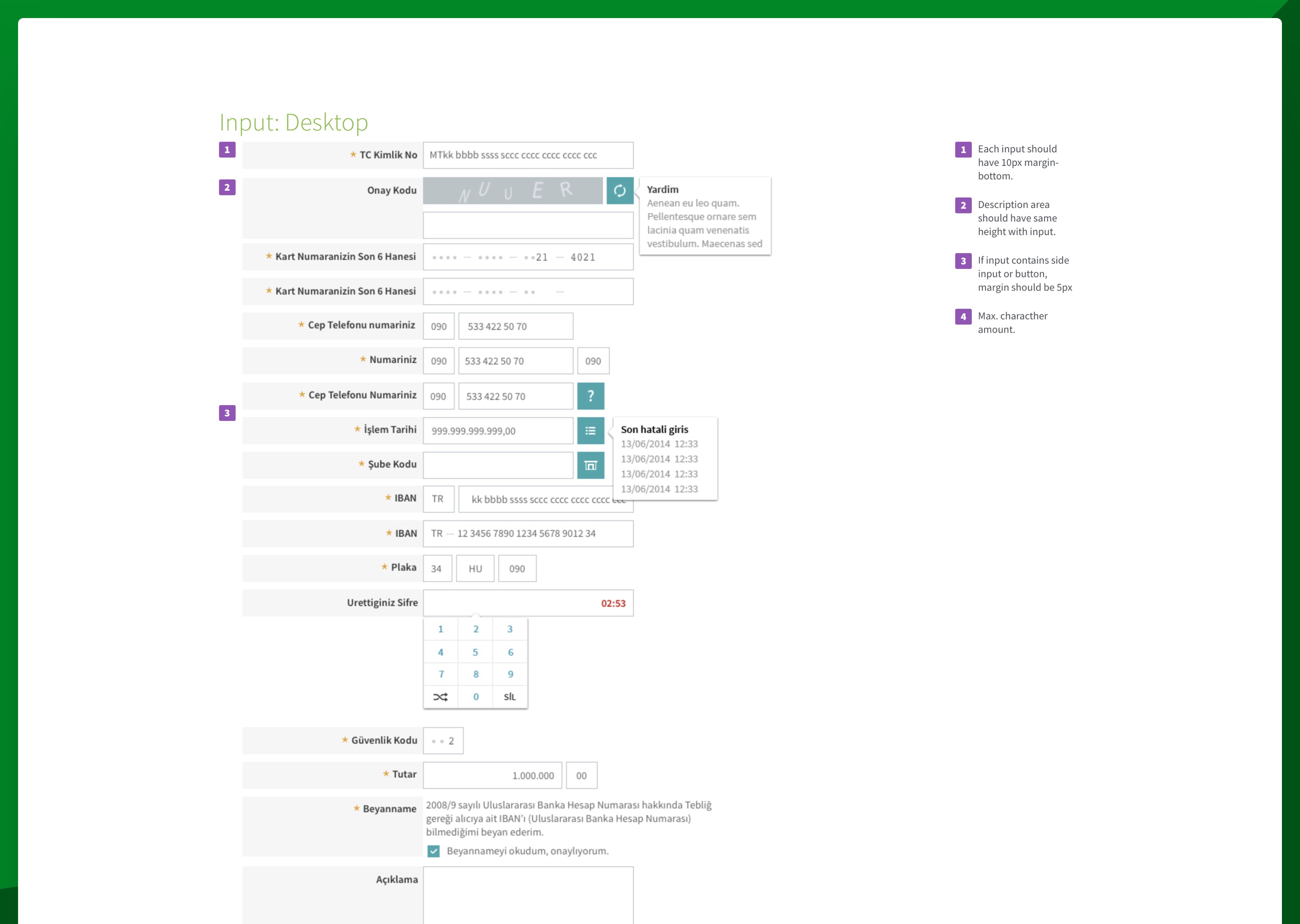 Input system specification: spacing, prefix and suffix patterns, validation, and helper text